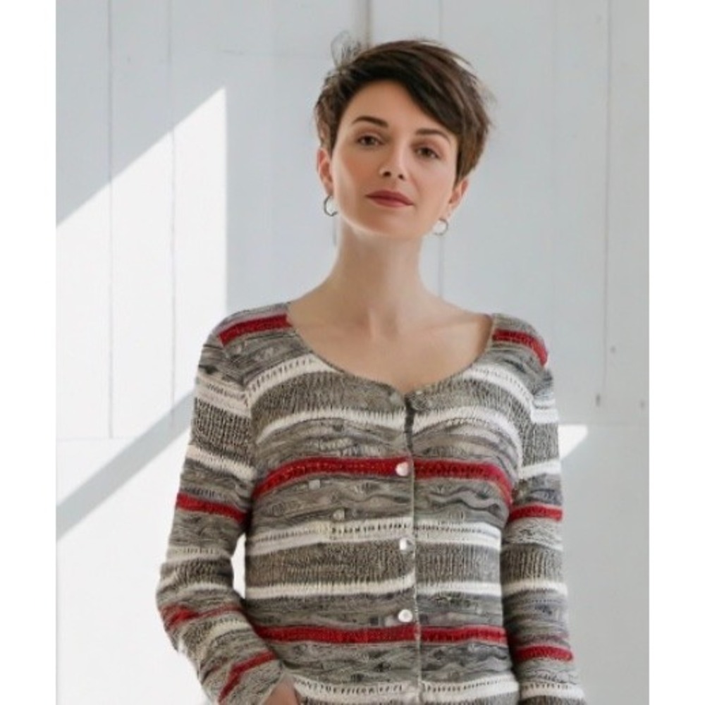 The Tog Shop Cardigan Sweater V-Neck Long Sleeve Button Stripe Taupe Size Large
